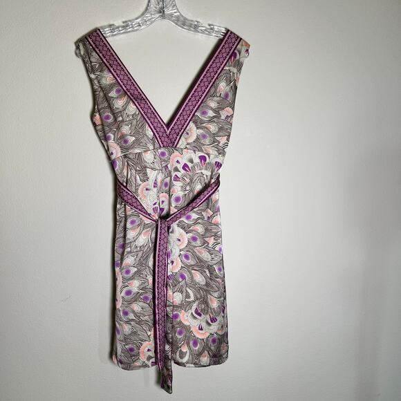 H&M Peacock Print Sleeveless Deep V-Neck Mini Dress Women's Size 6 Purple/Tan - Picture 4 of 7